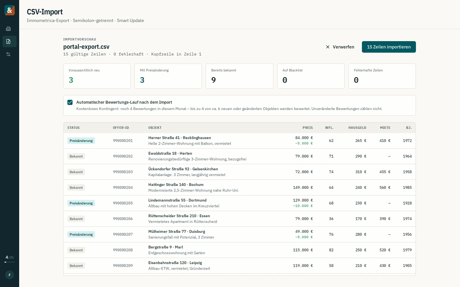 Importvorschau einer Portal-CSV: neue Objekte, Preisänderungen, bekannte Objekte und automatischer Bewertungs-Lauf